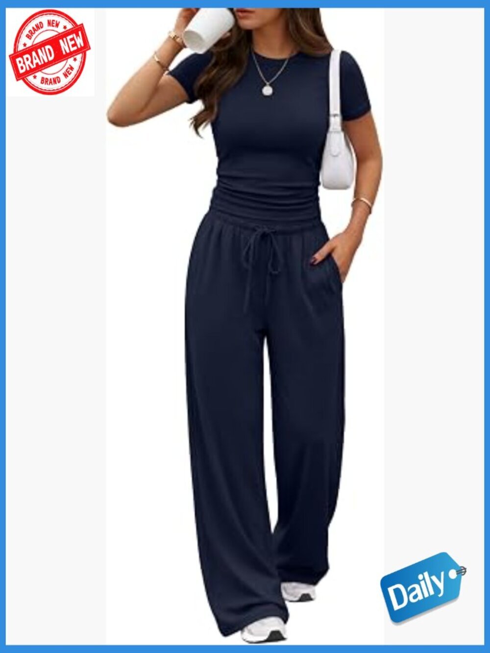 Women's 2 Piece Lounge Set Side Ruching Top Wide Leg Pants with Pockets